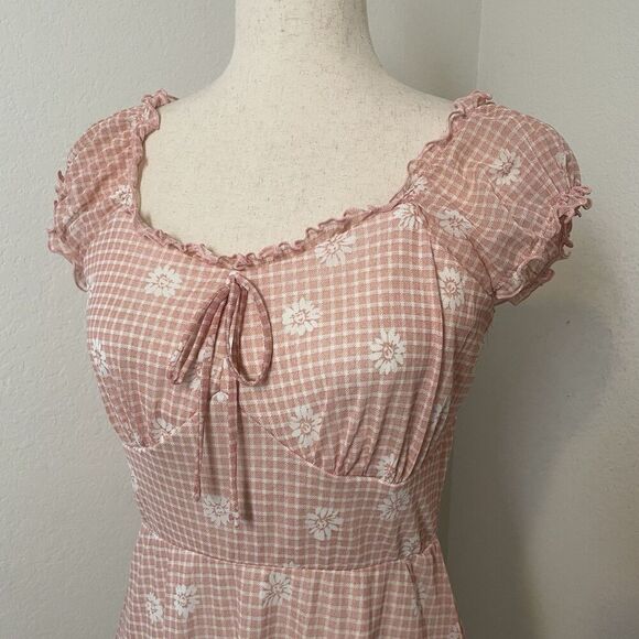 Y2K No Boundaries Pink Gingham Babydoll Dress Floral Milkmaid Cottagecore Size L - Picture 2 of 9